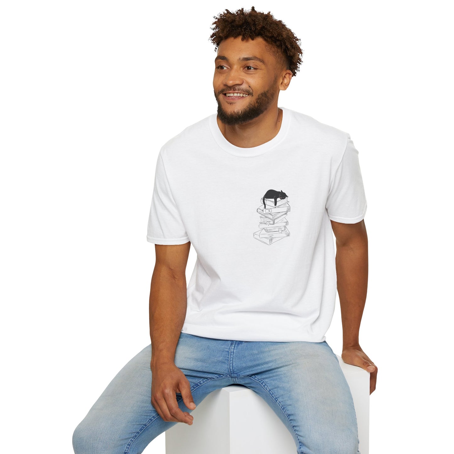 Black Cat Book Stack T-Shirt - Book Lover Shirt